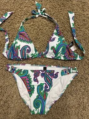 ABS Allen Schwartz White Paisley Bikini with Green & Purple Accents